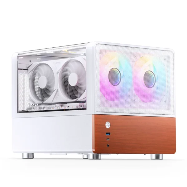 Gabinete Aquário Premium Jonsbo V12 M-Atx Branco E Madeira Nogueira