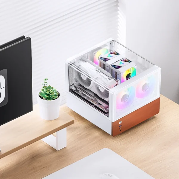 Gabinete Aquário Premium Jonsbo V12 M-Atx Branco E Madeira Nogueira
