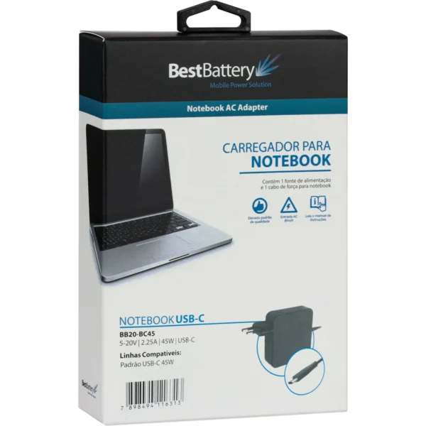 Fonte Usb-C Notebook Best Battery Bb20-Bc45 45W Preto