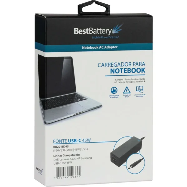 Fonte Usb-C Notebook Best Battery Bb20-Bd65 65W Preto
