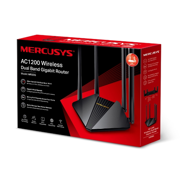 Roteador Mercusys Mr30g Ac1200 Wi-Fi 5 Dual Band Gigabit 4 Antenas Preto