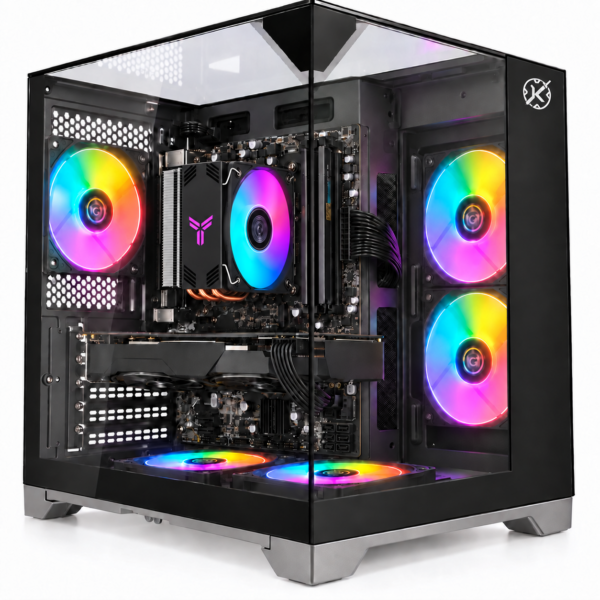 PC Gamer Kalkan Midgard Vision preto com placa de vídeo compacta e cinco fans Rainbow — imagem ilustrativa