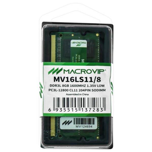 Memória Macrovip 8GB DDR3L 1600MHz para Notebook — embalagem original