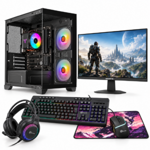 PC Gamer completo Única Gladiator com monitor Gigabyte GS24F14 e Kalkan Baldur: teclado, mouse, headset e mousepad