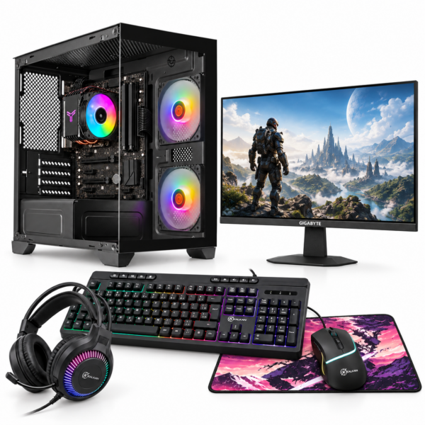 PC Gamer completo Única Gladiator com monitor Gigabyte GS24F14 e Kalkan Baldur: teclado, mouse, headset e mousepad
